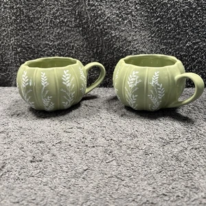 2 Taza/Taza Calabaza Cerámica Verde con Diseño Hoja Otoño - Imagen 1 de 10