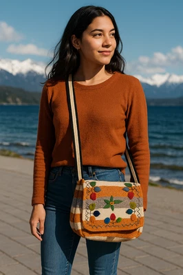 NWT Handmade Wool Patchwork Crossbody Bag with Embroidered Leaves Boho Artisan - Image 1 of 4