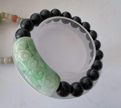 Pulsera de jade/jadeíta de barril de tubo largo verde / cuentas de madera Foto 1 de 4