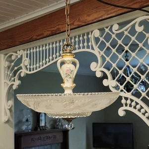Vtg 30-40s CABBAGE ROSE Ceiling Light Fixture Chandelier Glass & Porcelain WORKS - Picture 1 of 22