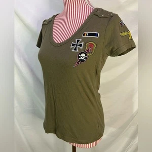 Y2K Grunge Top Army Green Studded Embroidered Patches Punk T-Shirt Sz Large - Picture 1 of 10