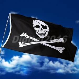 Large Skull and Crossbones Flag Jolly Roger Pirate Eyelets Party Banner 3x5FT - Picture 1 of 5