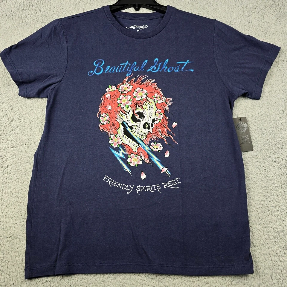 Camisa Ed Hardy Para Hombres Mediana Azul Hermosa Calavera Floral Tatuaje Envejecida Nueva con Etiquetas B Foto 1 de 4