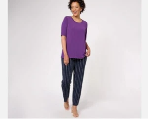 Susan Graver Liquid Knit Reg Top/Printed Ankle Pants Set Purple/Navy 5X A607337 - Picture 1 of 8