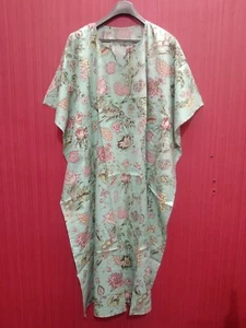 Indian Hand Block Floral Printed Cotton Caftan Kaftan Beach Night Maxi Dress Rob - Picture 1 of 3