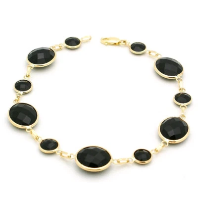 Brazalete de oro amarillo de 14K facetado corte elegante redondo y ovalado ónix negro 8 pulgadas Foto 1 de 3