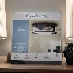 Quoizel Harbor 2 -Light 12.9-in Matte Black Flush Mount Light/ Seedy Glass - Picture 1 of 5