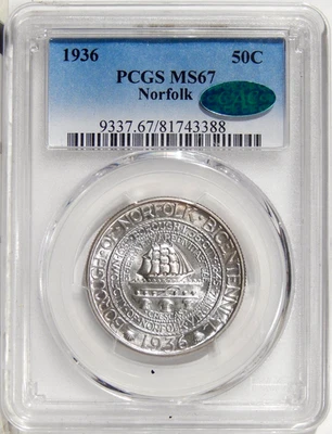 1936 NORFOLK 50c PCGS MS 67 CAC ~ PQ SILVER COMMEMORATIVE HALF DOLLAR - Image 1 of 2