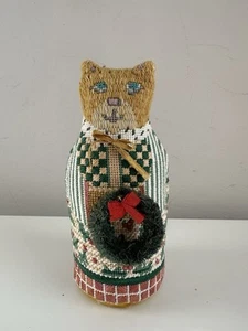 Stuffed Cat Patchwork Needlepoint Kit Pillow Doll Retro Christmas Tabby - Picture 1 of 8