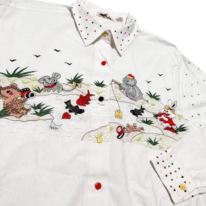 Pond Friends Button Up Long Sleeve Shirt Creatures Fishing Embroidered Large - Picture 1 of 8