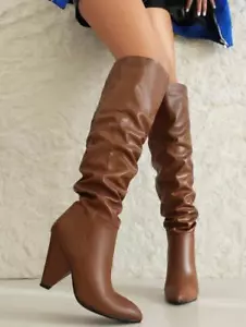Mujeres Botas Altas a la Rodilla Cuero Pu Tacón Cono Zapatos de Bomba Tubo Largo Botas de Caballero - Imagen 1 de 13