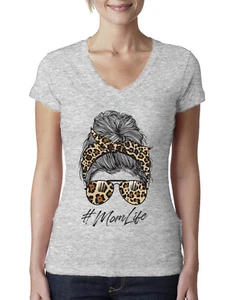 Mom Life Messy Hair Bandana Leopard Print Mothers Day Women Junior V-Neck Tee - Picture 1 of 7