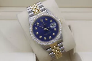 Rolex Datejust 36mm Custom 3ct VS Diamond Bezel & Navy Dial Two Tone Quickset - Picture 1 of 5
