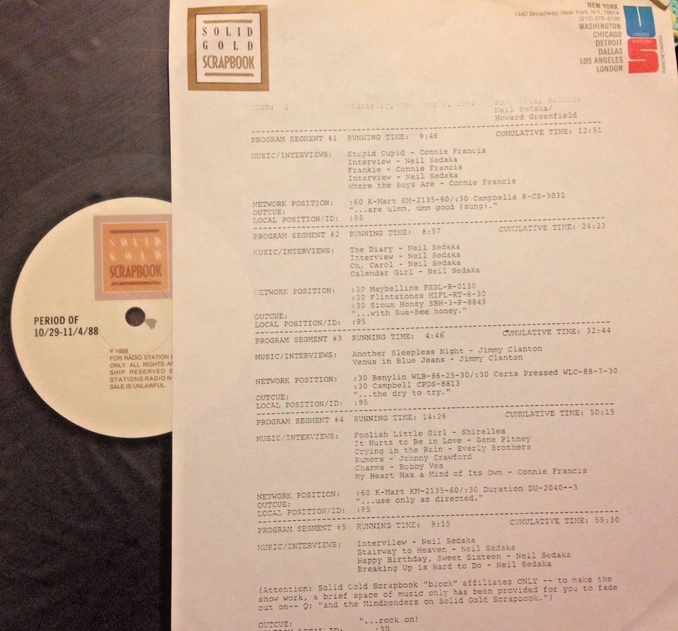 11/2/88 SOLID GOLD SCRAPBOOK SALUTES SONGWRITERS NEIL SEDAKA & HOWARD GREENFIELD - Image 1 of 1