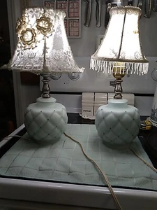 VINTAGE Satin Glass Quilted Pineapple Boudoir Table Lamp Pastel Blue mid century - Picture 1 of 3