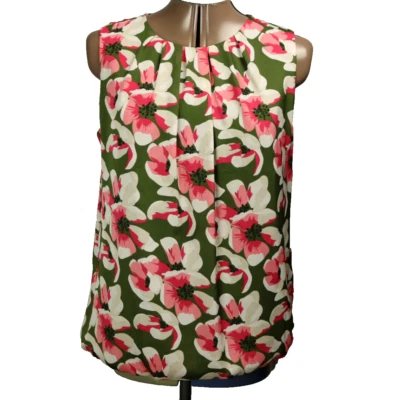 Blusa sin mangas Liz Claiborne floral plisada cuello forrado espalda cremallera verde rosa M Foto 1 de 4