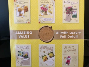 Pack Of Six Easter Cards & Envelopes Flower Design 1 Of Each With Foil Detail - Picture 1 of 1