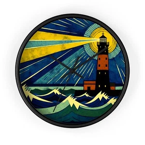 Home Decor Wall Clock Vintage Style Lighthouse Art Maritime Illustration Storm - Picture 1 of 13