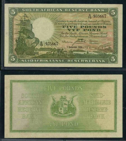 Currency 1940 South African Reserve Bank Five Pound Banknote Sailing Ship P# 86b Cover
