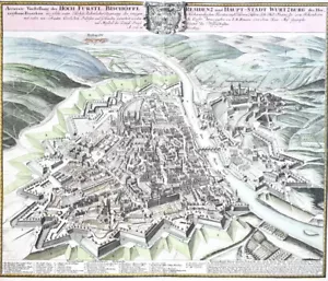 1723 Würzburg bird show view city map colored copperplate map - Picture 1 of 1
