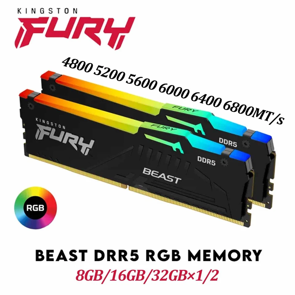 Kingston Beast DDR5 RGB 8/16/32GB 4800 5200 5600 6000MT/s Desktop Memory RAM Lot - Image 1 of 4
