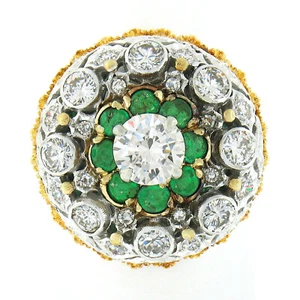 Vintage 18k TT Gold 1.79ctw GIA Diamond & Emerald Hand Engraved Cocktail Ring - Picture 1 of 10