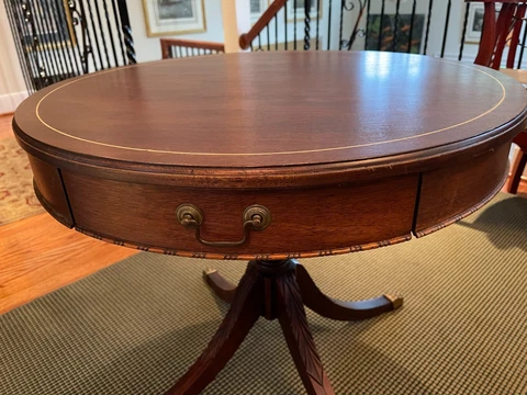 Antique Wood Round Accent Pedestal Table with Single Drawer Cover