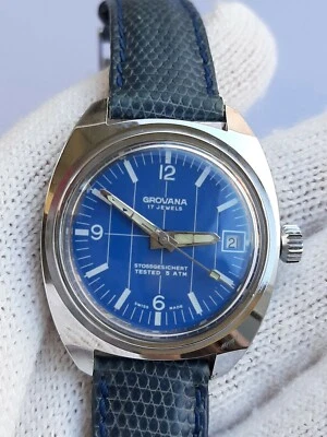 RELOJ GROVANA MANUAL CAL.21600 FECHA ESFERA AZUL HOMBRE 36mm,RECIÉN REVISADO  Foto 1 de 4