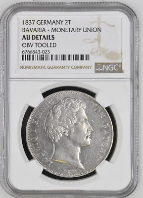 Alemania 1837 Baviera 2 Thaler Unión Monetaria NGC AU Detalles Foto 1 de 4