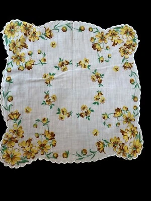 Sunny Yellow Vintage Handkerchief Scalloped Edge Flower Border Granny Boho Hanky - Image 1 of 3