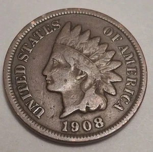 1908 Indian Head Penny Vintage 1C One Cent Münze Umlaufmünze seltene Münze IH319 - Bild 1 von 2