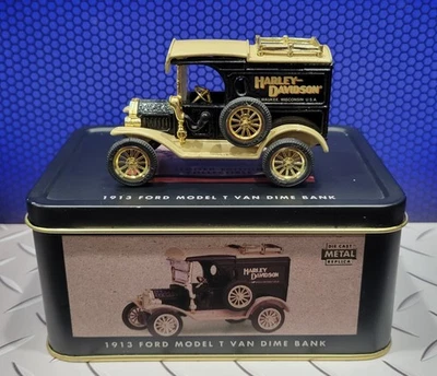 1/43 Harley Davidson 1913 Ford Model T Van Dime Bank Ertl In Collectible Tin - Image 1 of 4