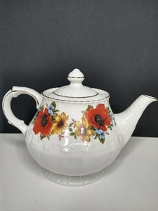 Vintage Ellgreave Teekanne Ironstone Wood & Sons England Orange Mohn Sonnenblume Gold - Bild 1 von 13