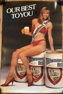 Old Milwaukee's Best Beer Poster Sign Sexy Bikini Beer Babe - Picture 1 of 7