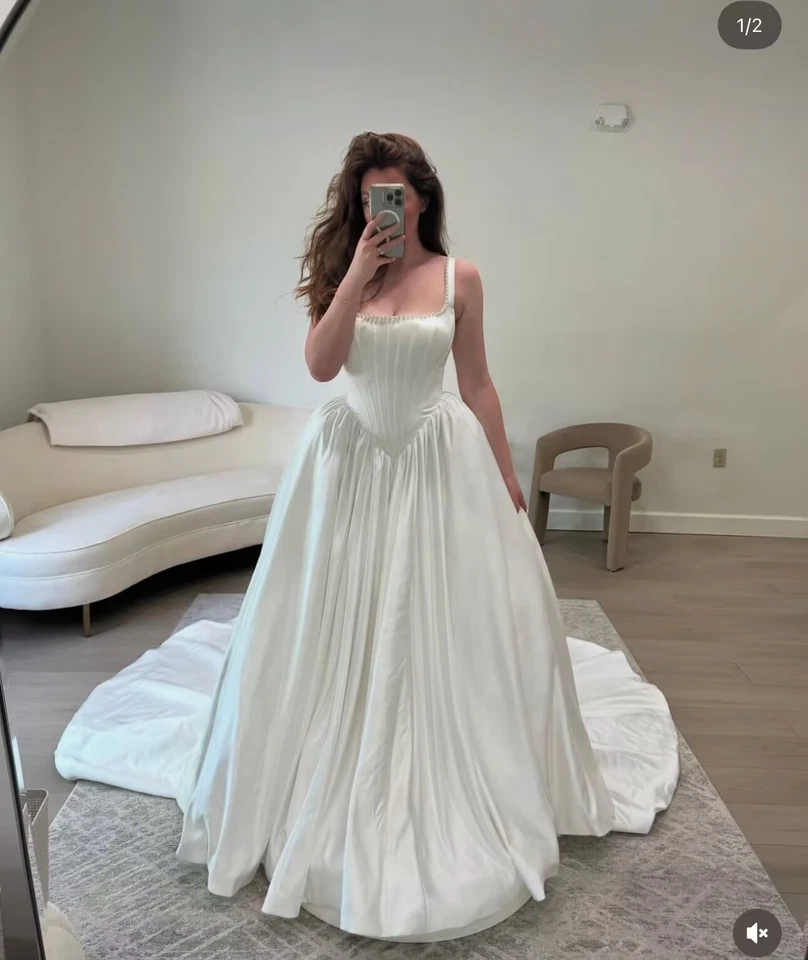 Simple Wedding Dresses Square Neck A Line Satin Sweep Train Bridal Gowns - Image 1 of 4