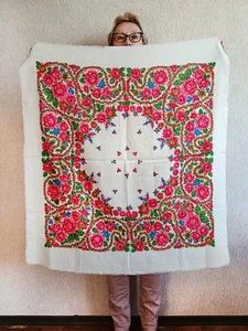 Vintage Quadrat Schal weiß Blumen fein Wolle Tuch rote Rosen Damen Ukraine Folk - Bild 1 von 8