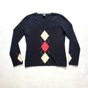 Lord & Taylor Cachemira Argyle Cuello en V Pullover Suéter Negro Talla M - Imagen 1 de 4