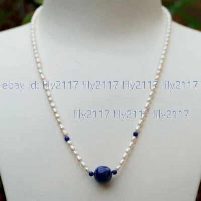 Collar colgante de gemas de lapislázuli azul redondo de perlas de arroz de agua dulce de 5-6 mm 18"" Foto 1 de 4