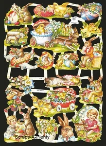 German Embossed Vintage Style Scrap Die Cut  Easter Chicks, Bunny & Eggs EF7174 - Picture 1 of 1