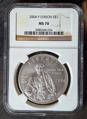 2004 P Thomas Edison Commemorative S $1 Dollar MS 70 - Beautiful NGC graded - Image 1 of 2