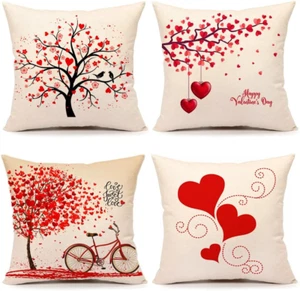 Valentines Day Throw Pillow Covers 18X18 Set of 4 Red Love Heart Cushion Cases - Picture 1 of 12