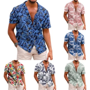 Camicia uomo manica corta hawaiana bottoni tropicale estiva spiaggia casual maglietta blusa - Foto 1 di 20