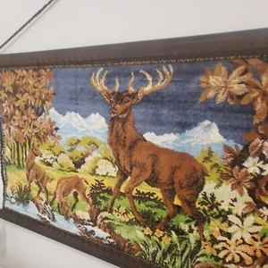 RARE VTG Belguim Tapestry Buck Deer Field forest 70s hippie boho wall hanging 60 - Picture 1 of 12