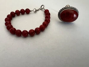 DOUG PAULUS dO INDIA STERLING 925 RED CORAL RING WITH CORAL BRACELET - Picture 1 of 9