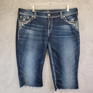 Jeans plateados para mujer 36 Capri corte lavado oscuro bordado tiro medio denim - Imagen 1 de 18