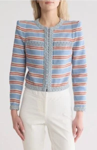 Veronica Beard Women Arrowe Braided Trim Crop Jacket Blazer Blue Size US 12 NWT - Picture 1 of 21