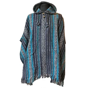 Thick Cotton PRIYA Hippy Boho Poncho in Blue and Black Traditional Nepali Stripe - Picture 1 of 2