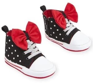 Disney Minnie Mouse Black and White Polka Dot Sneakers With Red Bow Size-2 - Picture 1 of 11