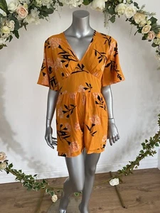 Womens Playsuit Orange Floral Size 10 V Neck Large Floral Print NEW JE13 - Picture 1 of 8