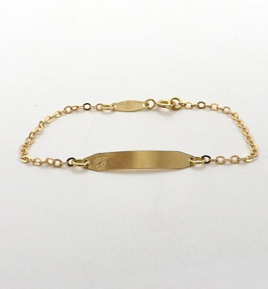 Solid 18k Gold ID Nameplate Bracelet Ladybug Cable Link Baby Child New Italy 750 - Image 1 of 4